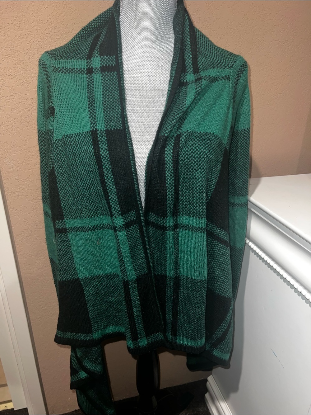 Merona Green and Black Plaid Open-Front Poncho Cardigan